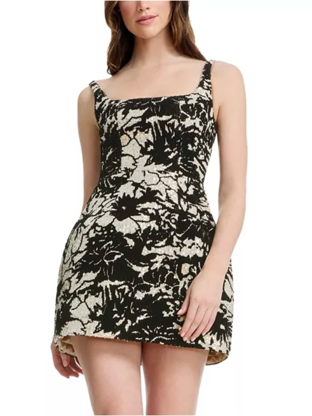 Dress the Population Black and Cream Floral Square-Neck Mini Dress